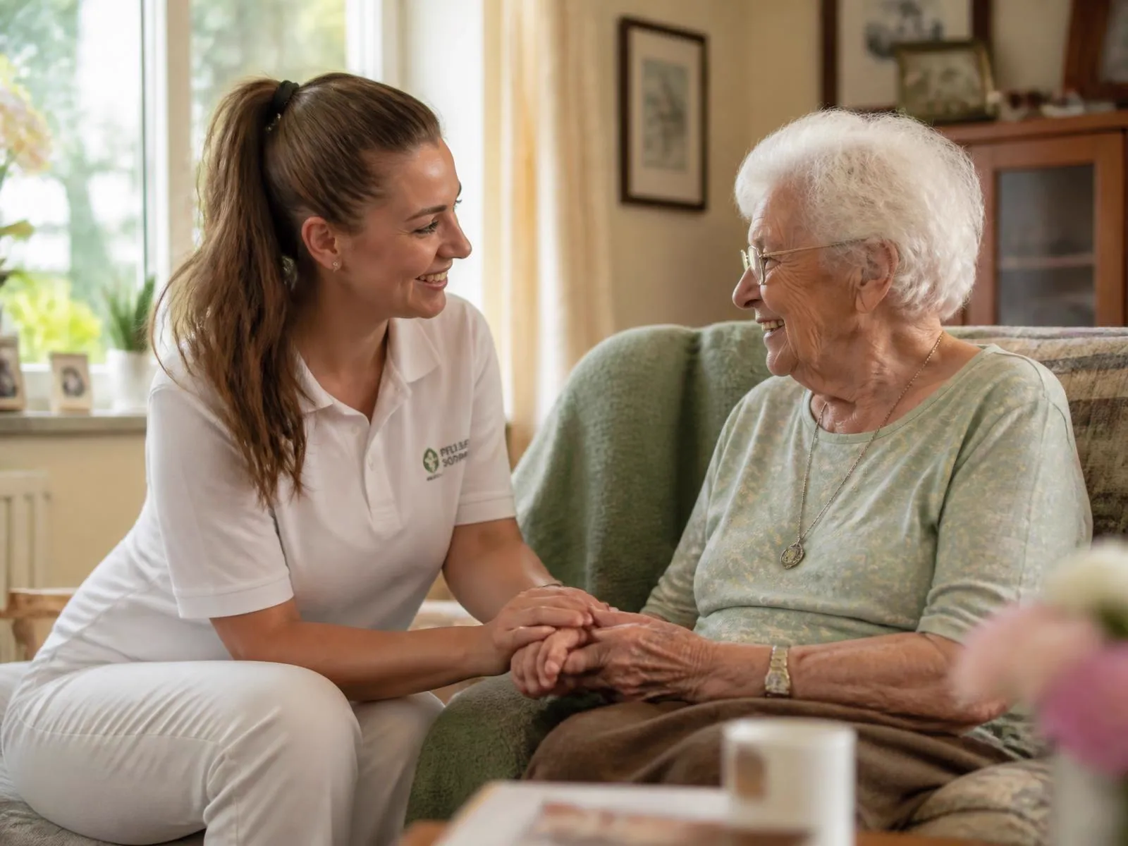 A caregiver sitting with a smiling older woman in her living room