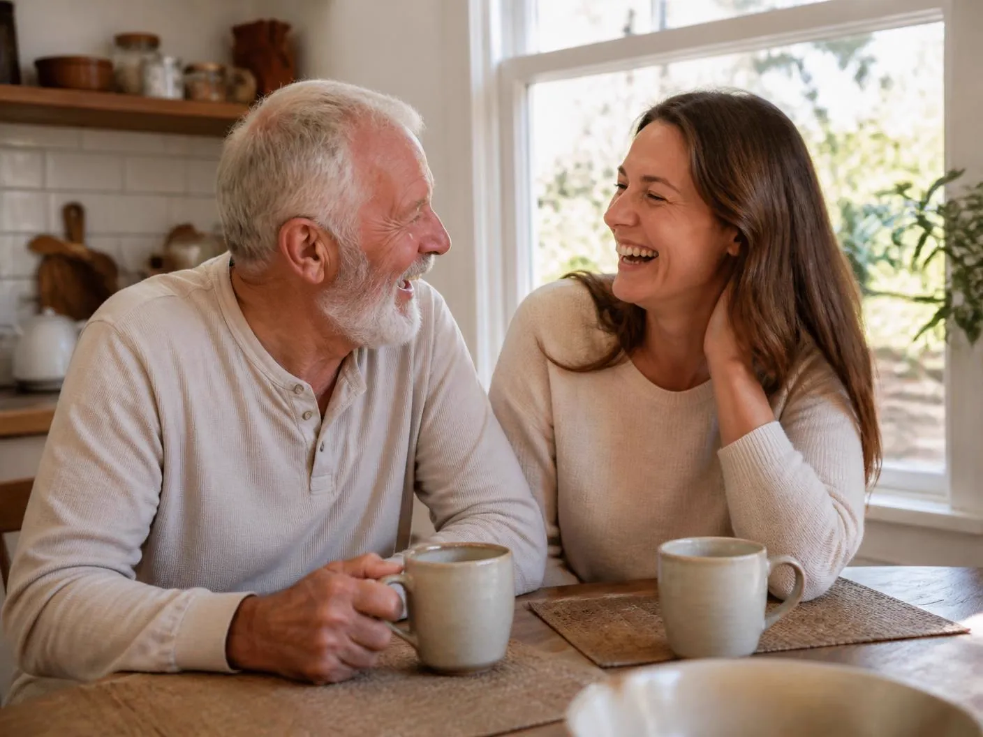 An older man laughing with his adult daughter at the kitchen table